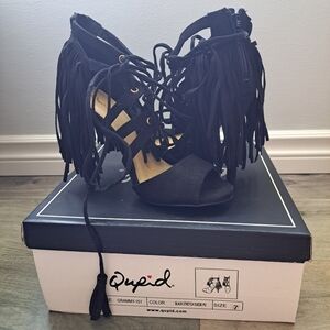 Qupid | Black stretch suede pu | boho tassle open toed high heel shoe